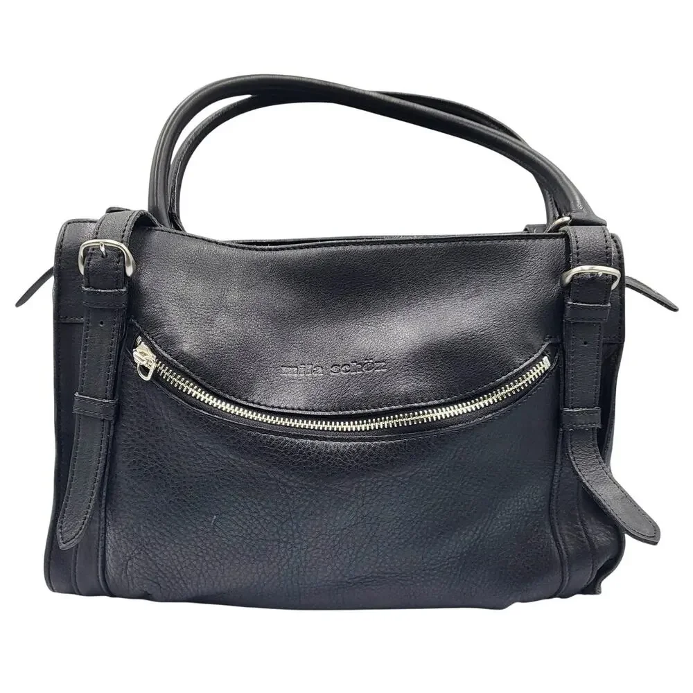 Mila Schön Soft Black Pebbled Leather Luxury Satchel Top Handle Handbag Top Zip